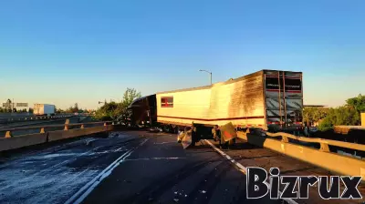 Jackknifed semi-truck closes southbound Business 80, CHP says